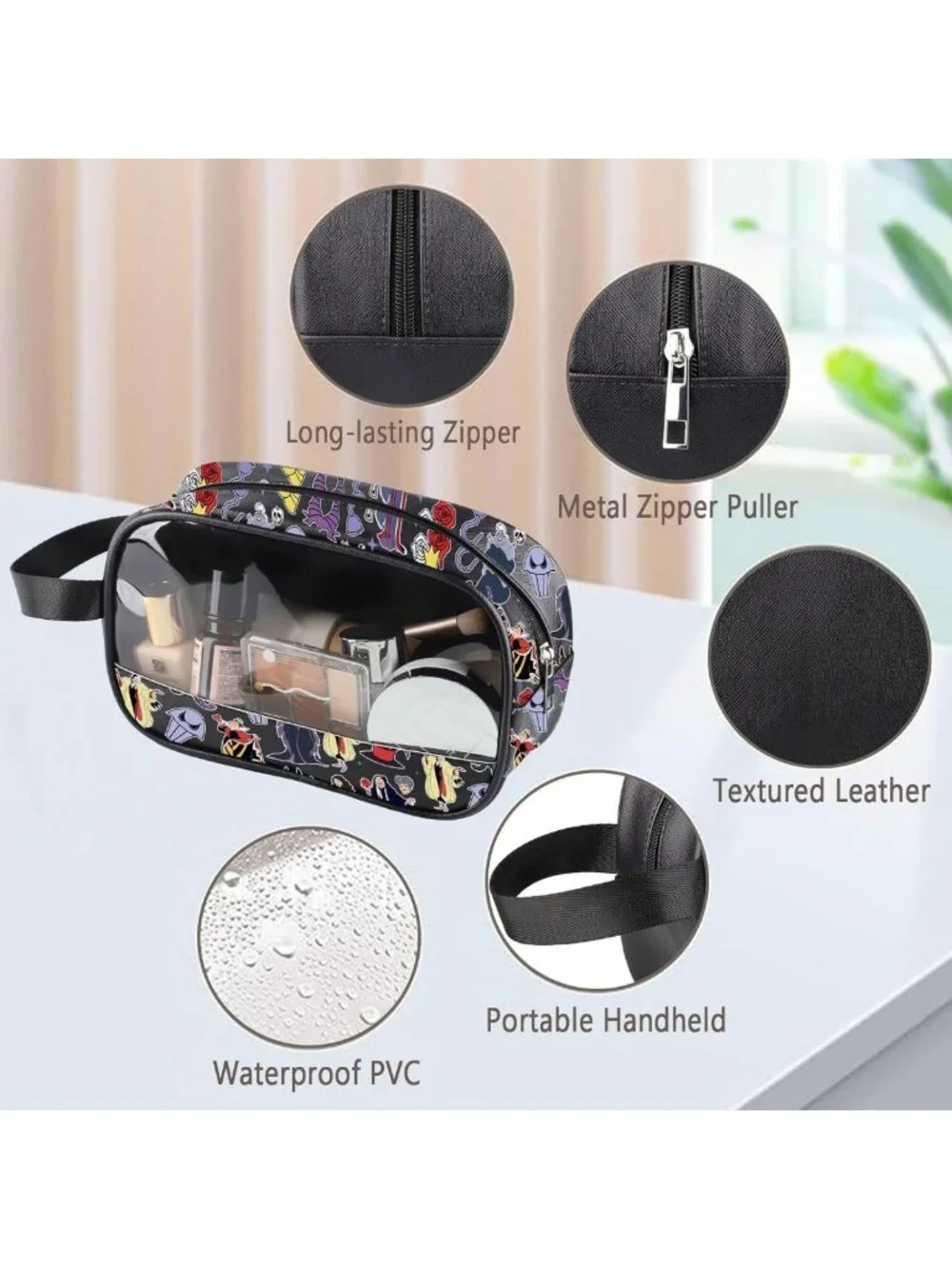 Clear Makeup Bag with Handle - Villains Inspired PU Leather Cosmetic Organizer